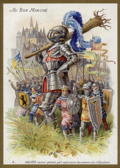 Guliwer, mianowany generałem, wyrusza na eksterminację wrogów Lilliputów (chromolitho) autorstwa French School