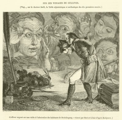 Guliwer wystawiony na stole ku podziwowi mieszkańców Brobdingnag (rycina) autorstwa French School