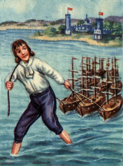 Gulliver wystrzeliwuje wrogie statki w kierunku portu Lilliput. Ilustracja do opowiadania „Podróż Guliwera” Jonathana Swifta (1667-1745). autorstwa French School
