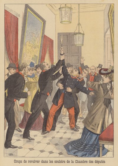 Strzały na korytarzach francuskiej Izby Deputowanych (kolorowa litografia) autorstwa French School