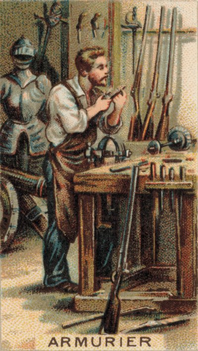 Rusznikarz przy pracy w swoim warsztacie (chromolit) autorstwa French School