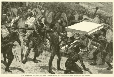 H-M Stanley i jedenastu jego towarzyszy zaatakowanych przez Czarnych z Bumbireh (rycina) autorstwa French School