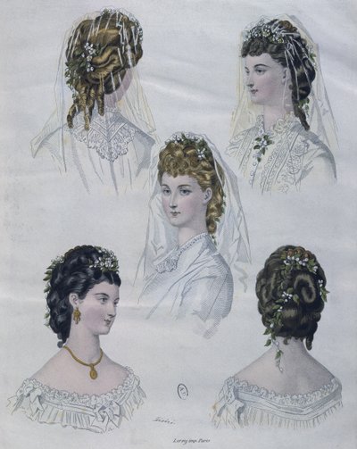 Fryzury, ilustracja z La Mode illustree, 1872 (kolorowe grawerowanie) autorstwa French School