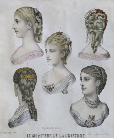 Fryzury, ilustracja z Le Moniteur de la Coiffure, 10.12.1879 (kolor grawerowany) autorstwa French School