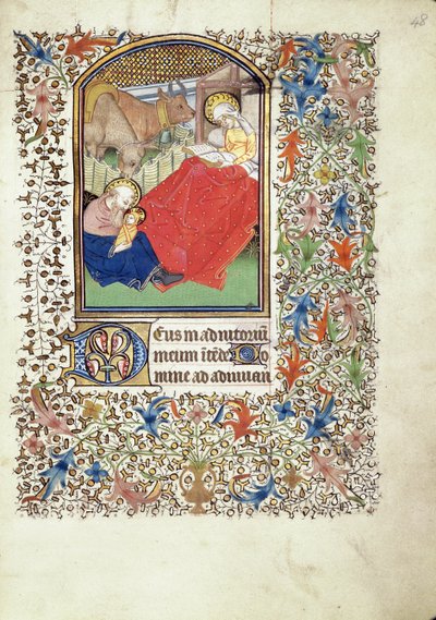 Rękopis 69 f.48r, Narodziny Jezusa, z Księgi Godzin „Mistrza Jakuba de Besançon” autorstwa French School