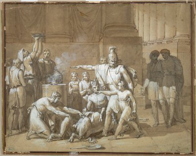 Hannibal przysięgający wieczną wrogość Rzymowi, ok. 1808 (pióro i tusz z grafitem) autorstwa French School