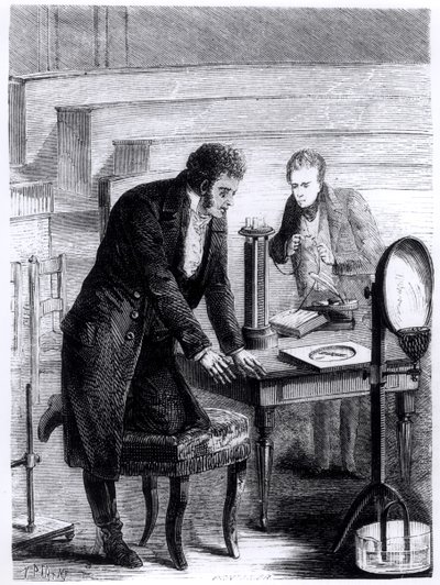 Hans Christian Oersted (1777-1851) odkrywa odchylenie igły magnetycznej przez prąd zamknięty w 1820, z Les Merveilles de la Science Louisa Figuiera (1819-94), 1867 autorstwa French School