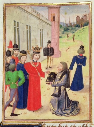 Harl 4380 f.233v Froissart przedstawia swoją książkę Ryszardowi II, z Kroniki Froissarta, tom IV (welum) autorstwa French School