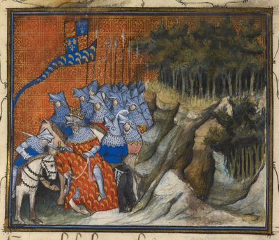 Harley 1319 fa. 5, rycerze króla Ryszarda II Henryka z Monmouth podczas kampanii irlandzkiej, z Księgi schwytania i śmierci króla Ryszarda II (welum) autorstwa French School