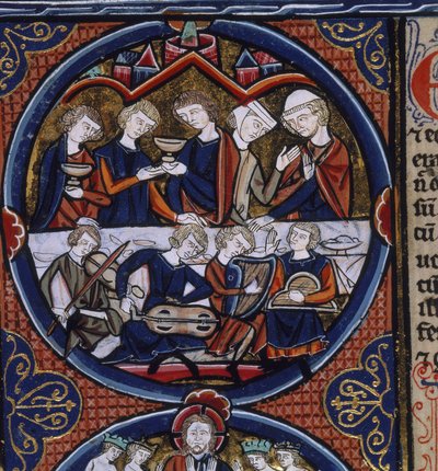 Harley 1527 fol.36v Bankiet z muzykami, z "Biblii Moralisee", Paryż, ok. 1240 (welum) autorstwa French School