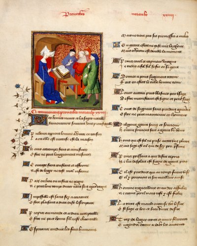 Harley 4431 tom II, f.259v Miniatura kobiety czytającej przysłowia moralne na początku 