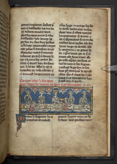 Harley 4979, f.78 Aleksander otrzymuje truciznę od Jobasa podczas uczty.  , z „Roman d