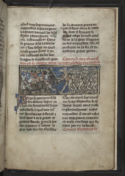 Harley MS 4979 f.72r Alexander walczący z mężczyznami z głowami koni, z 