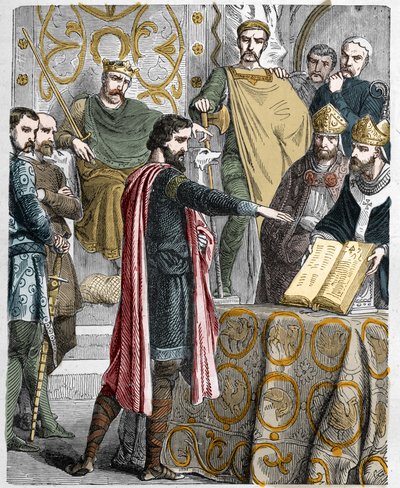 Harold II (1020-1066) ostatni król anglosaski koronował się w 1064 r., złożył przysięgę na święte relikwie przed Wilhelmem I Zdobywcą, aby wesprzeć jego sprawę na tronie Anglii po śmierci spowiednika Edwarda. autorstwa French School