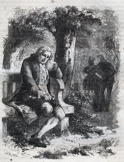 Usłyszał szept pocałunku. Szwajcarski filozof Jean Jacques (Jean-Jacques) Rousseau (1712-1778) zaskakuje swoją towarzyszkę Marie-Therese (Marie Therese) Le Vasseur (Levasseur) (1721-1801) w pełnym cudzołóstwie. Grawer z 1871 roku w „Histoire Des Cocuses autorstwa French School