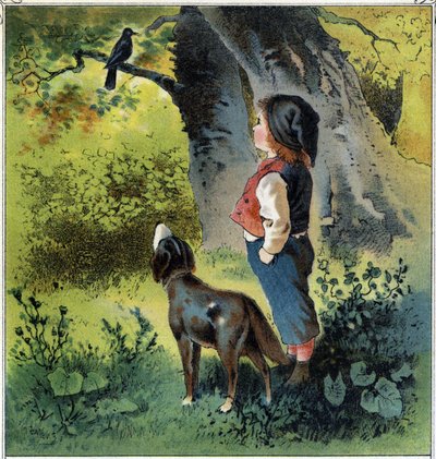 Henri obserwuje kosa na gałęzi w lesie, powracając do swojego życia, gdyby był ptakiem. Chromolitografia z „”Scen dzieciństwa”” wyd. Guerin - Muller około 1885 roku. autorstwa French School