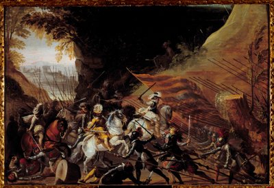 Henryk IV (1589-1610) ładujący na czele swojej kawalerii. Anonimowe malarstwo francuskie z XVII wieku. Olej na drewnie. Wymiary: 0,35 X 0,52m. Pau, Musee Du Chateau autorstwa French School