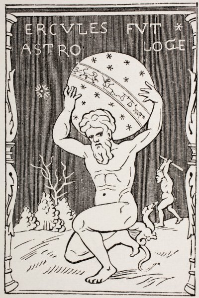 Herkules trzymający świat na plecach, podczas gdy Atlas zbiera jabłka Hesperydów, z „Les Arts au Moyen Age”, opublikowanej w 1873 r. autorstwa French School