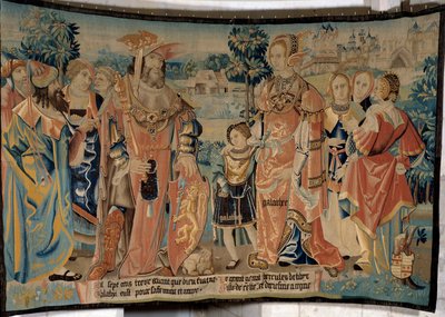 Herkules z Libii wraz z żoną Galathee i synem Galathesem w otoczeniu dworzan przed miastem Alexia w 1713 rpne. Gobelin „Bajeczna historia Galów”” wykonany przez warsztat Arras. 1530 Beauvais, departamentalne muzeum autorstwa French School