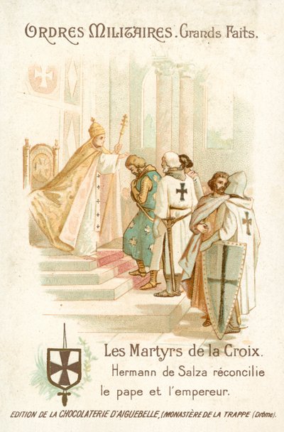 Hermann von Salza, wielki mistrz krzyżacki, doprowadza do pojednania papieża Grzegorza IX z cesarzem Fryderykiem II autorstwa French School