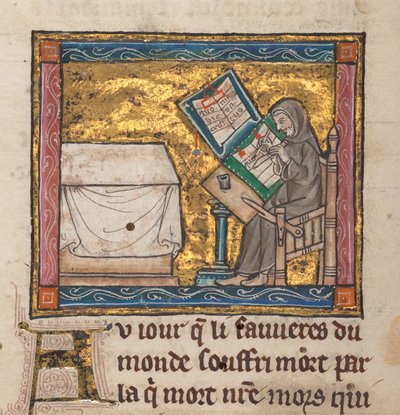 Pustelnik piszący przy biurku, miniatura z „Estoire del Saint Graal, La Queste del Saint Graal, Morte Artu”, ok. 1315-25 (atrament na pergaminie) autorstwa French School