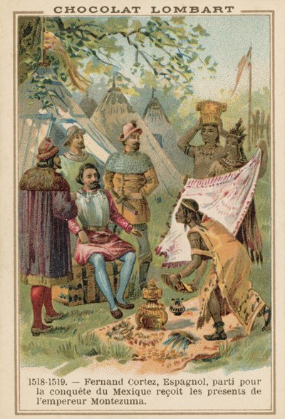 Hernan Cortes, hiszpański konkwistador, otrzymujący dary od azteckiego cesarza Montezumy, Meksyk, 1518-1519 autorstwa French School