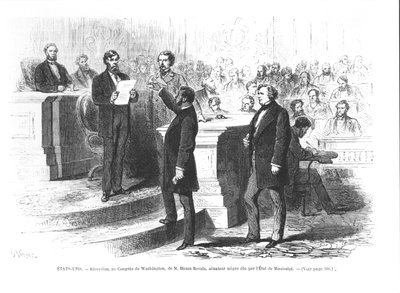 Hiram Revels, pierwszy czarny senator stanu Mississippi zaprzysiężony na Kongres Waszyngtoński autorstwa French School