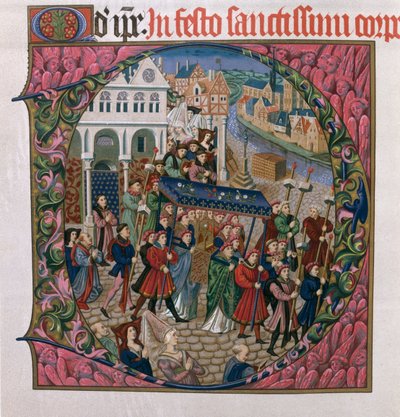 Historyczny inicjał D przedstawiający procesję religijną na Place de Greve w Paryżu w XV wieku (wydanie faksymilowe Missel de Jouvenel des Ursins) autorstwa French School