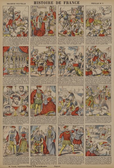 Historia Francji od śmierci Karola VIII do masakry w dniu św. Bartłomieja (kolorowa litografia) autorstwa French School