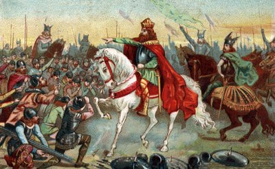 Historia Galii w średniowieczu: sasi germańscy klęczą przed królem Karolem Wielkim (742-814), który wygrał wojny. Chromolitografia z końca XIX wieku. autorstwa French School