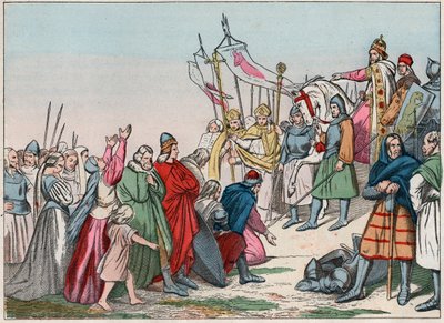 Historia Galii w średniowieczu: sasi germańscy klęczący przed królem Karolem Wielkim (742 - 814), zwycięzca wojen - Rycina z końca XIX w. w „Nasza chwała narodowa - Obrazy i recytaty”” autorstwa French School