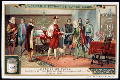 Historia szkła: Henryk III (1551-1589) Król Francji wręcza listy szlacheckie mistrzom szklarzy Wenecji. Chromolitografia Liebiga z końca XIX wieku. autorstwa French School
