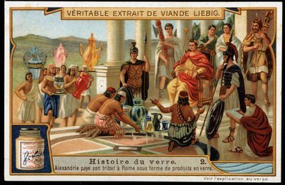Historia szkła: Aleksandria oddaje hołd Rzymowi w postaci wyrobów szklanych - Liebig Chromolithography autorstwa French School
