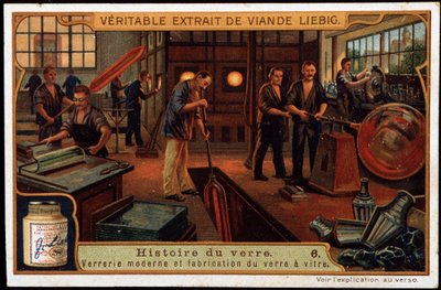 Historia szkła: Nowoczesne wyroby szklane i produkcja szkła pod koniec XIX wieku. Chromolitografia Liebiga z końca XIX wieku. autorstwa French School