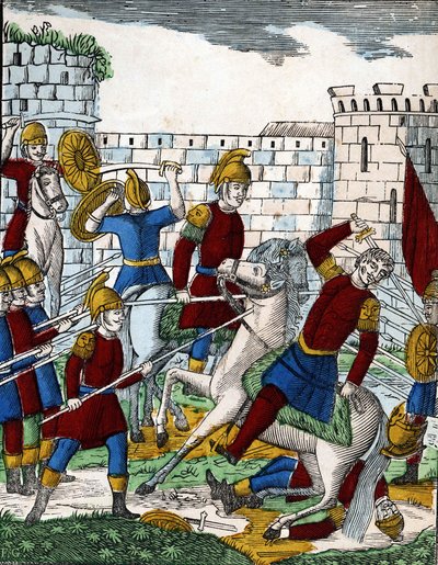 Historia czterech synów Aymona; Zdrajca Ganélon, wpadnięty w zasadzkę w dolinie Soissons, zabija księcia Beauves d