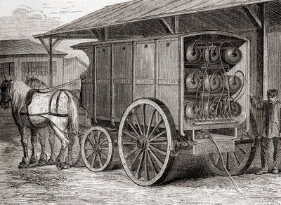 Pojazd konny używany do transportu sprężonego gazu w przenośnych pojemnikach w XIX wieku, z Les Merveilles de la Science, wydany ok. 1870 (rycina) autorstwa French School