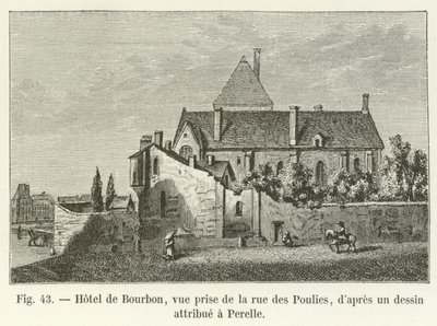Hôtel de Bourbon, widok z rue des Poulies, według rysunku przypisywanego Perelle autorstwa French School