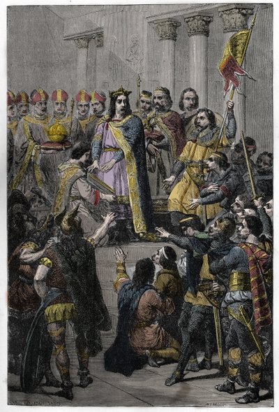 Hugh Capet wybrany na króla - Koronacja Hugues Capet (ok. 941-996), króla Francji, 3 lipca 987 w Noyon, przez Adalberona (ok. 925-990), archeweka Reims. autorstwa French School