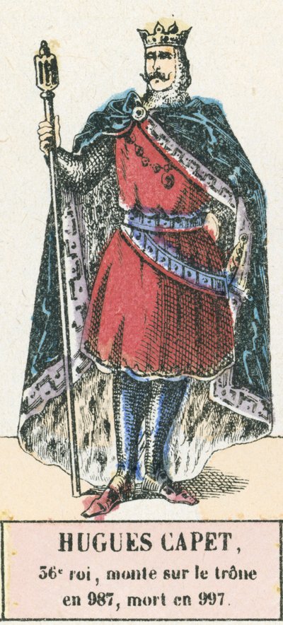 Hugues Capet, 36 król, wstąpił na tron ​​w 987, zmarł w 997 (kolorowa rycina) autorstwa French School