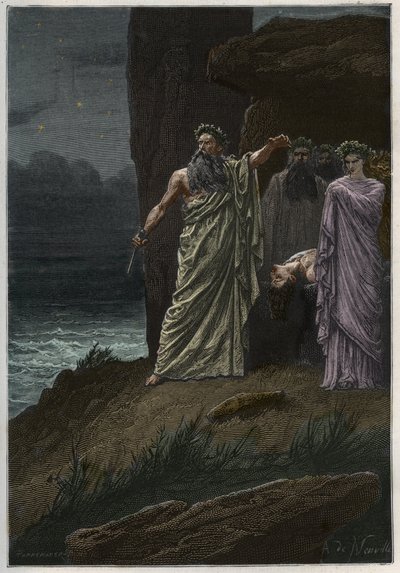 Ofiara z ludzi składana przez druida według Alphonse de Neuville - Druidzi składający ofiary z ludzi - grawer z „Historia Francji opowiedziana moim wnukom” - Francois Guizot - 1872-1876 autorstwa French School