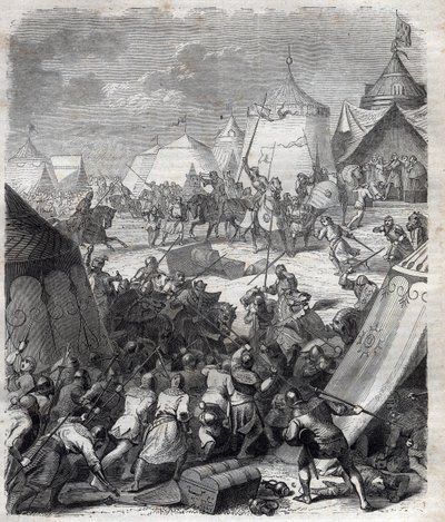 Wojna stuletnia: Bitwa pod Poitiers (1356). Grawer w „”Historii papieży (...) Zbrodnie królowej króla i cesarzy na przestrzeni wieków” Maurice Lachatre autorstwa French School