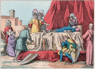 Wojna stuletnia: „” Śmierć Bernarda du Guesclin (1320-1380) przed Chateauneuf de Randon 13/07/1380”” – Śmierć Duguesclina (podczas oblężenia Chateauneuf-de-Randon 13 lipca 1380 ) - Rycina z końca XIX wieku w „” Nos Gires autorstwa French School