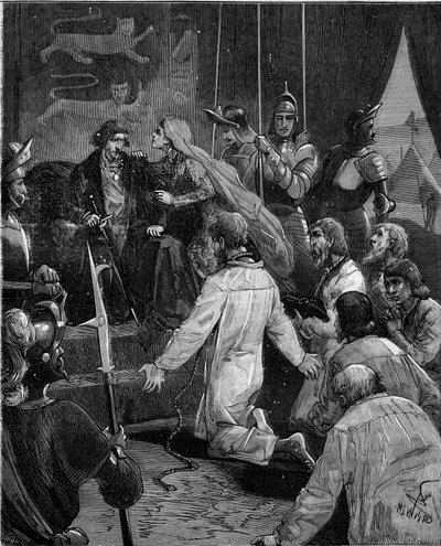 Wojna stuletnia. Burżuazja z Calais: oddanie Eustachego św. Piotra i jego towarzyszy królowi Anglii Edwardowi III błaga o ich łaskę, wspieraną przez królową Filippę z Hainaut (1311-1369). autorstwa French School