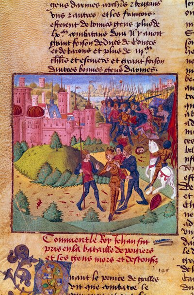 Wojna stuletnia: "Król Francji Jan II Dobry (1319-1364) zostaje wzięty do niewoli przez Anglików w bitwie pod Poitiers 19.09.1356 r." Miniatura z kronik Jeana Froissarta (1337-1400) XV w. Chantilly, Musee Conde autorstwa French School