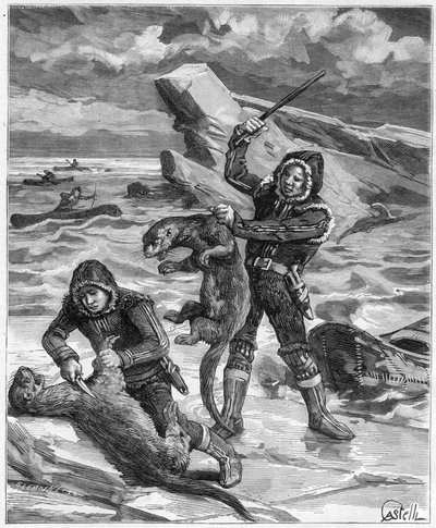 Łowca wydr na Alasce - łowca wydr z Alaski w 1888 r. - Grawerowanie w „” Journal des Voyages””” 1888 autorstwa French School