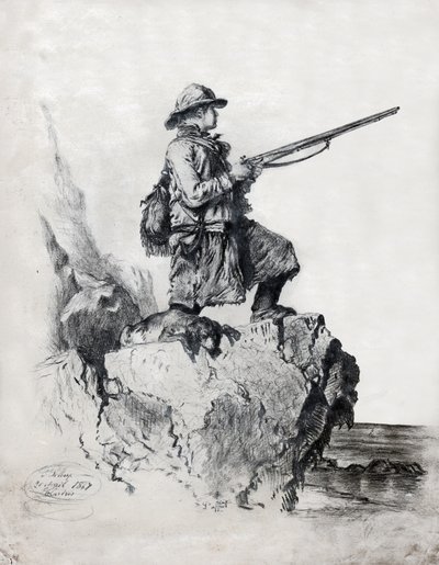 Hunter z psem. (rysunek autorstwa French School