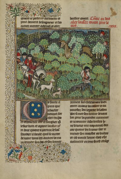 Myśliwi ścigający jelenia, ok. 1430-40 (tempera, złota farba, srebrna farba i złoto płatkowe) autorstwa French School
