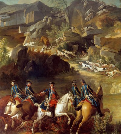 Uruchomiona scena polowania. Jeźdźcy zmierzają w stronę łani porwanej przez psy. Fragment anonimowego obrazu z XVIII wieku. Gien, Muzeum Łowiectwa autorstwa French School