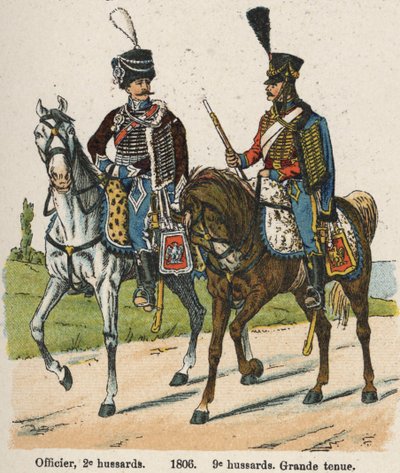Hussars I vendemiary An XII (24 września 1803): Oficer, II hussars i 9 hussars w wielkim stroju w 1806 r. Tabliczka z książki Les Uniforms de l