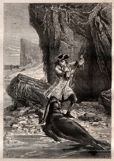 Wbiłem mu łopatę w pierś: Woodes Rogers (1679-1732) zaatakowany przez psa morskiego (foka) na jednej z wysp Galapagos na Oceanie Spokojnym w 1709 r. - ilustracja zaczerpnięta z „Wielkich marynarzy XVIII wieku” autorstwa French School